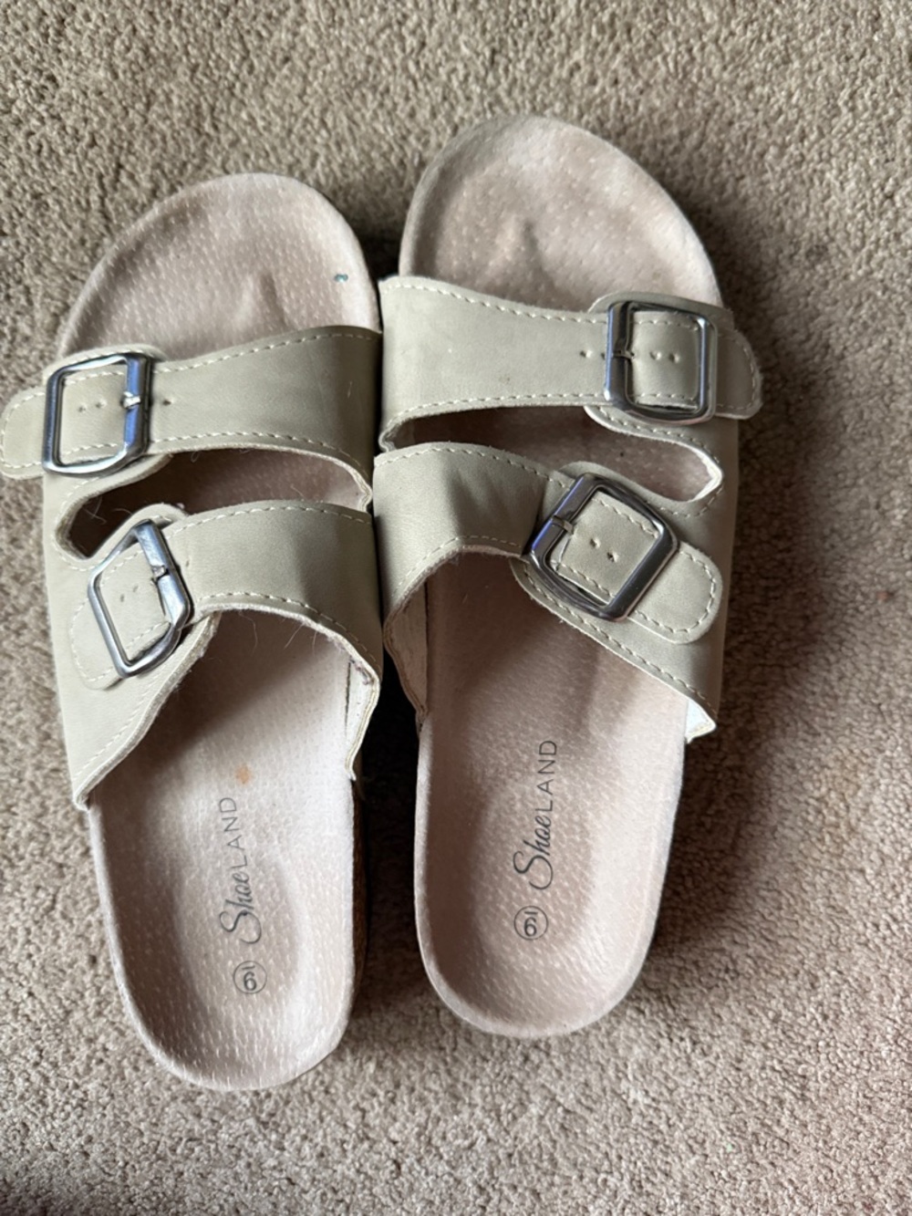 Universal Taupe Double-Buckle Slide Sandals
